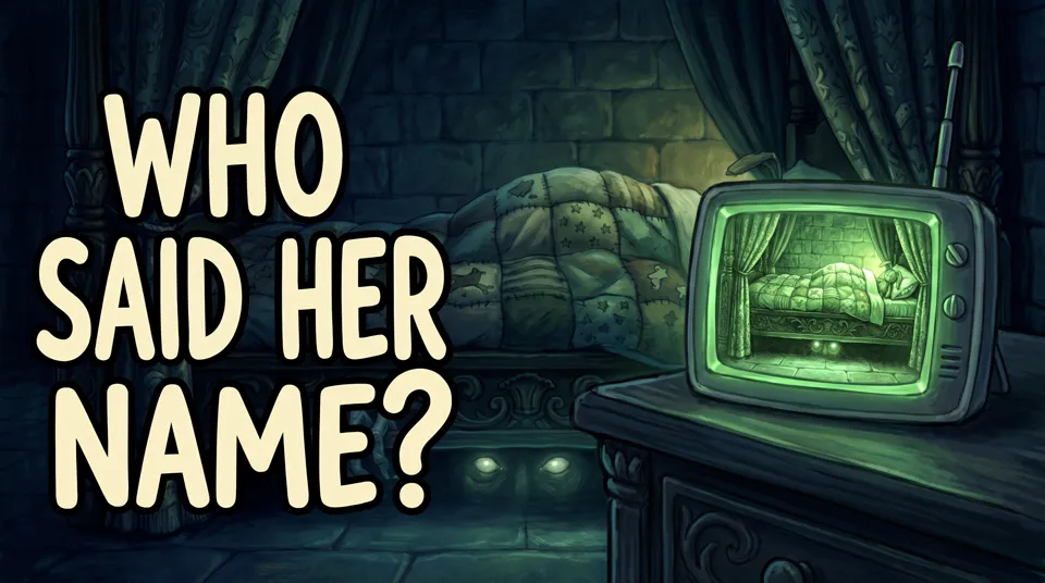 Thumbnail: a glowing green monitor screen in a dark bedroom, with the words Who said her name?