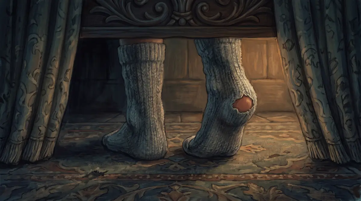 A painted view from under a bed: feet in grey wool socks, one with a hole in the heel, standing on a carpet in the dark.